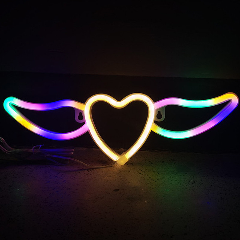 Lumină cu neon cu LED, inimă de dragoste cu aripi, semn de neon pentru dormitor, perete, sufragerie, decorare interioară, lampă cu neon pentru cadouri pentru adolescenți.