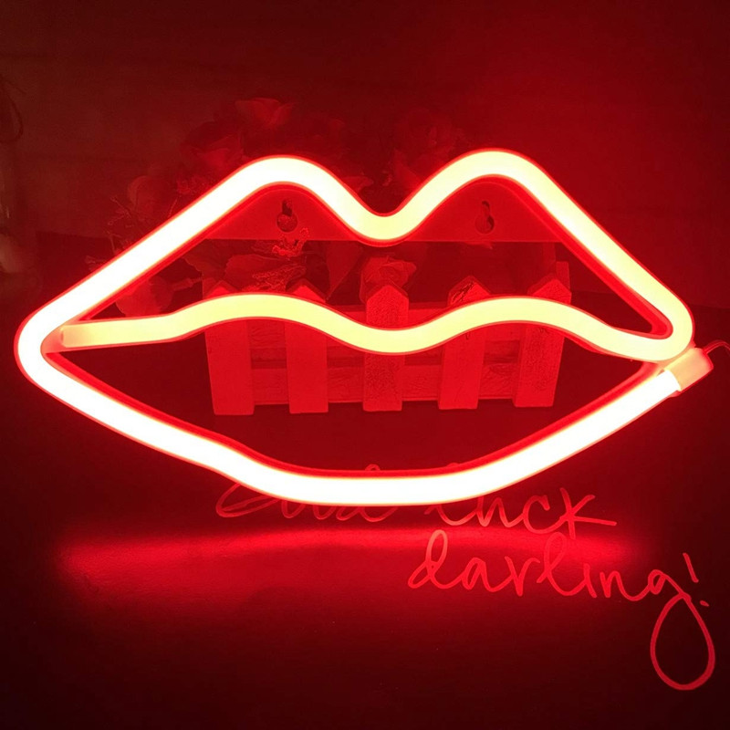 Neoonheleroosa, punased huuled LED-neoonsilt USB / patareitoitel kodune pulmapidu Valentinipäeva seinale riputatud sisekujundus Neoon