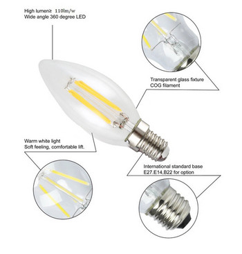 LED крушка E14 Винт 220V 4W LED COB Ретро имитация на волфрамова жичка Свещна крушка Свещна лампа с огънат връх