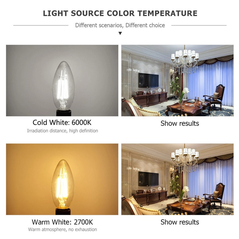 Bec LED E14 Șurub 220V 4W LED COB Imitație retro Sârmă de tungsten Filament Lumânare Bec Candelabre Flacără Lampă cu vârf îndoit