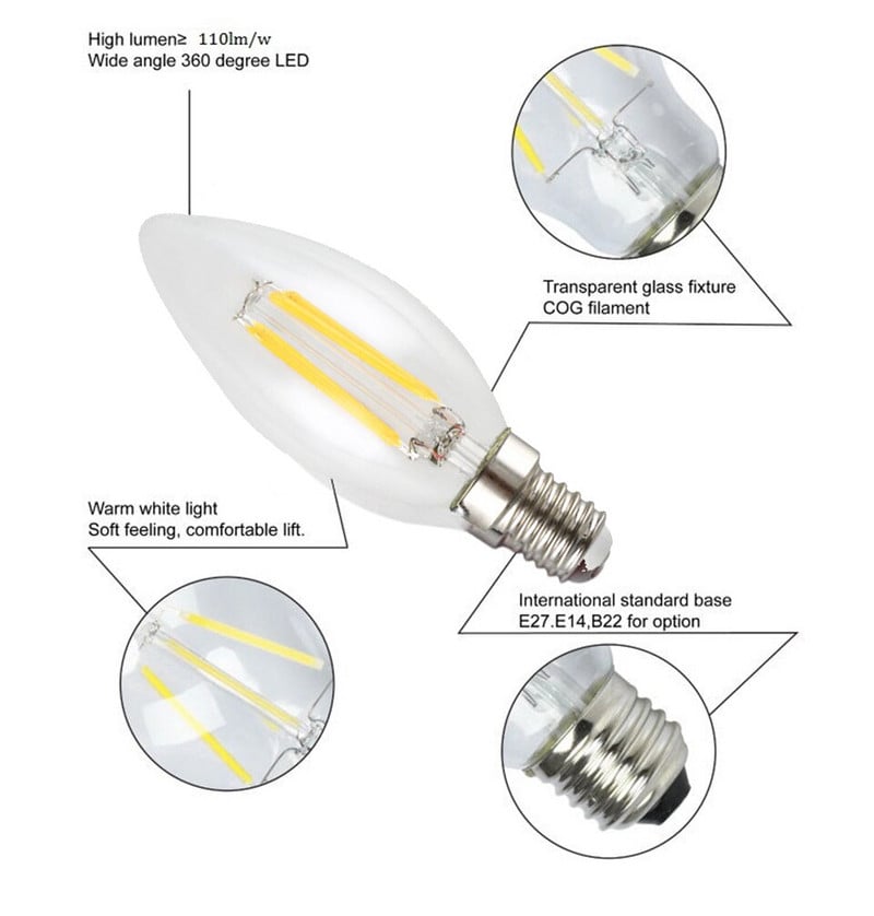 Bec LED E14 Șurub 220V 4W LED COB Imitație retro Sârmă de tungsten Filament Lumânare Bec Candelabre Flacără Lampă cu vârf îndoit