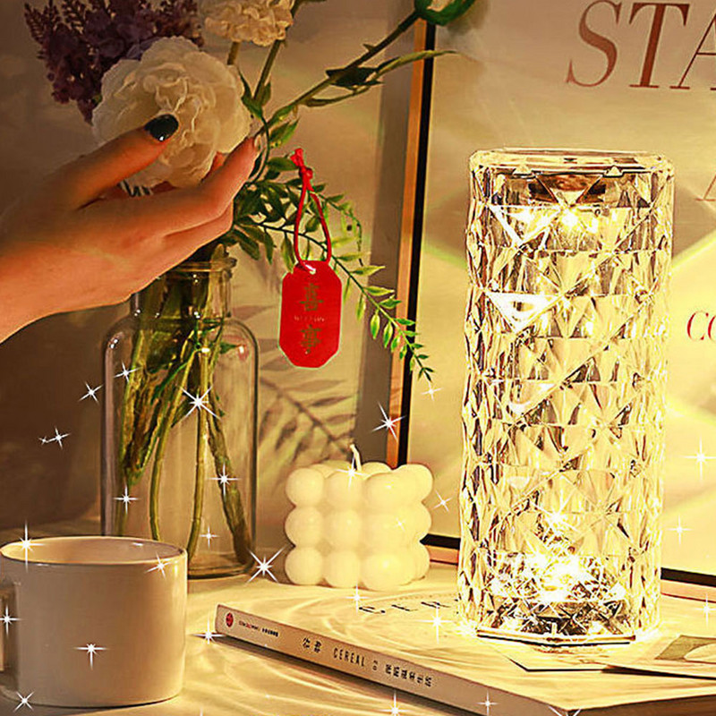 LED kristāla galda lampas rozes gaismas projektors 3/16 krāsu pieskāriena regulējams romantisks dimanta atmosfēras gaisma USB pieskāriena nakts gaisma