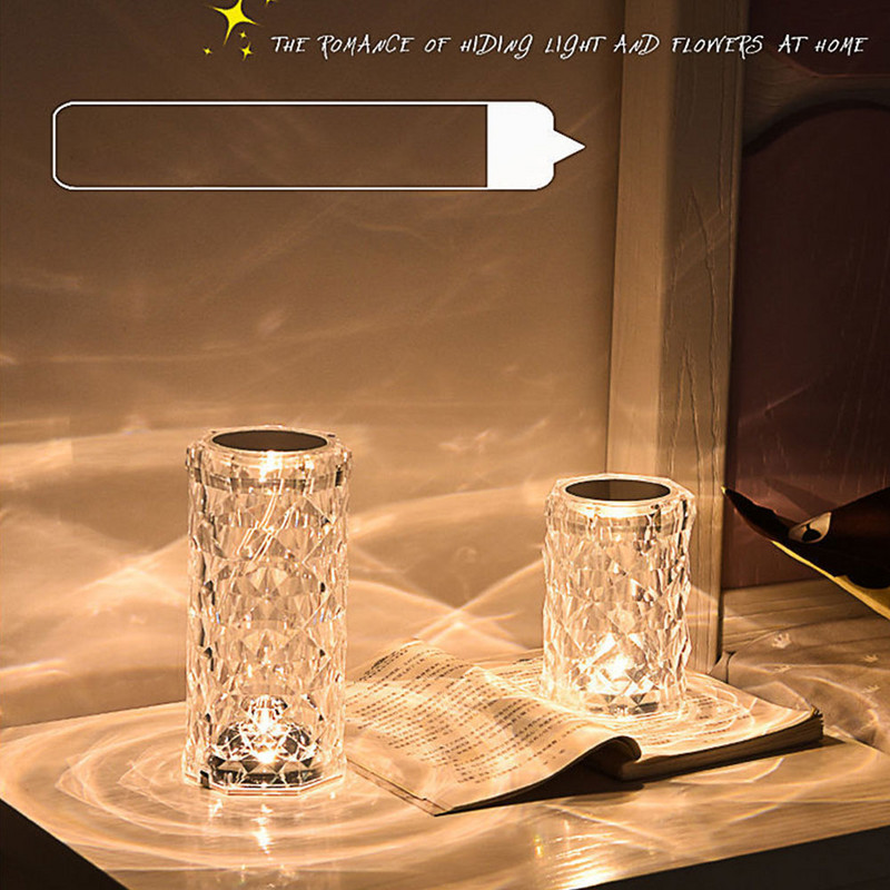 LED kristāla galda lampas rozes gaismas projektors 3/16 krāsu pieskāriena regulējams romantisks dimanta atmosfēras gaisma USB pieskāriena nakts gaisma