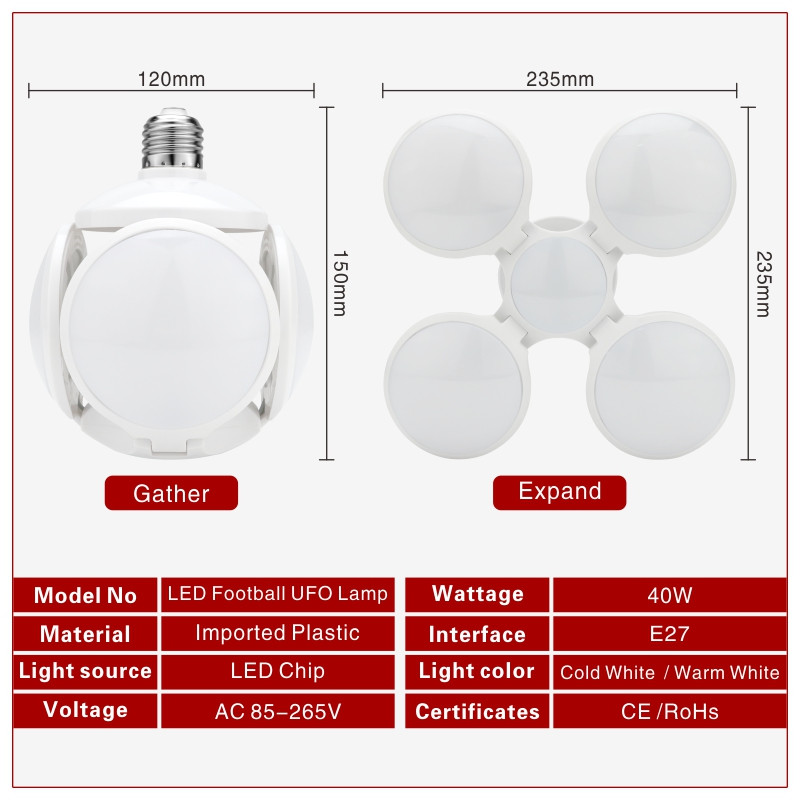 Πτυσσόμενος λαμπτήρας LED 40W E27 Λαμπτήρας UFO ποδοσφαίρου 360 μοιρών AC 85-265V 110V 220V Lampada LED Spotlight Light Κρύο/Ζεστό λευκό