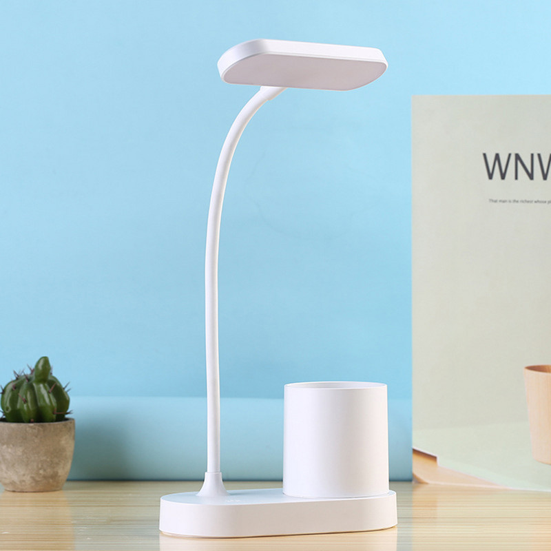 LED asztali lámpa tolltartóval, asztali lámpa számítógéphez/asztali számítógéphez - fehér, újratölthető, szemkímélő, rugalmas hattyúnyak, szabályozható