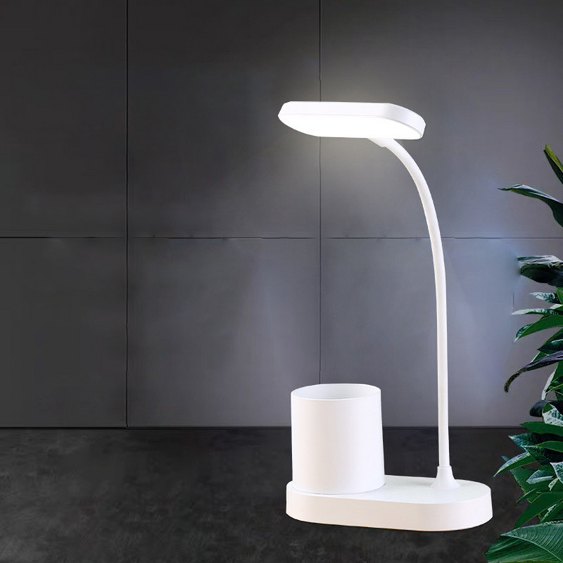 LED asztali lámpa tolltartóval, asztali lámpa számítógéphez/asztali számítógéphez - fehér, újratölthető, szemkímélő, rugalmas hattyúnyak, szabályozható