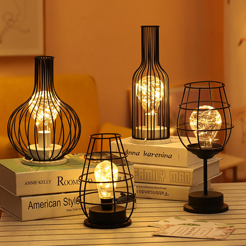 Retro vas LED lámpa Réz drót éjszakai fény Kreatív borospalack asztali lámpák Hotel lakberendezési hálószoba elemes