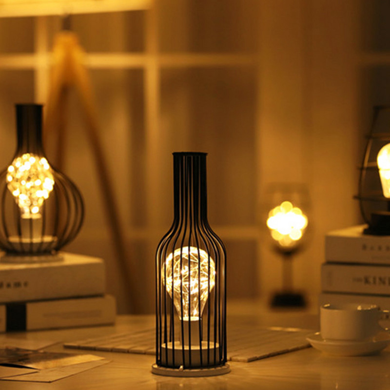 Retro vas LED lámpa Réz drót éjszakai fény Kreatív borospalack asztali lámpák Hotel lakberendezési hálószoba elemes
