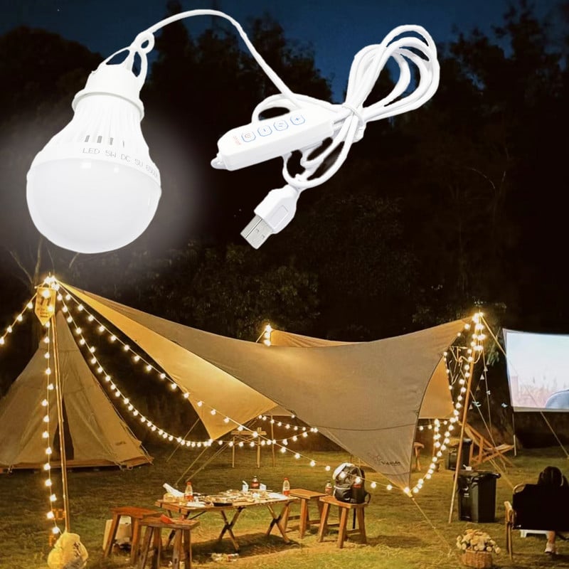 Lampă de camping cu LED DC5V 5W Bec de urgență Usb, 3 culori, cu reglare reglabilă pentru cort suspendat, grătar, pescuit, reparații, echipamente în aer liber