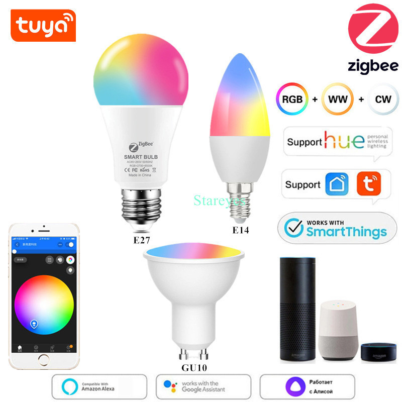 Tuya Smart WiFi Zigbee RGB CCT E27 9W LED spuldze E14 5W LED sveču gaisma GU10 5W LED prožektora lampa Alexa Home Siri Alice Control