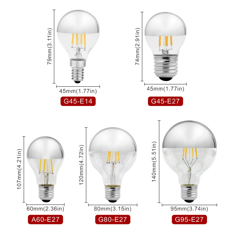 Oglindă Argintiu Retro Edison Bec LED E14 E27 4W G45 A60 ST64 G80 G95 Lampă Vintage cu filament Lampada LED Iluminare alb cald