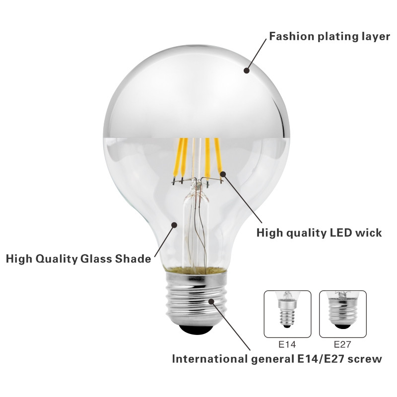 Oglindă Argintiu Retro Edison Bec LED E14 E27 4W G45 A60 ST64 G80 G95 Lampă Vintage cu filament Lampada LED Iluminare alb cald