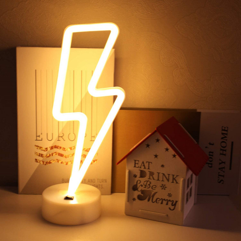 Semne de neon în formă de fulger cu LED, lumini care funcționează cu baterii/alimentate prin USB Artă, lumini decorative de noapte cu LED, decor de masă pentru sufragerie
