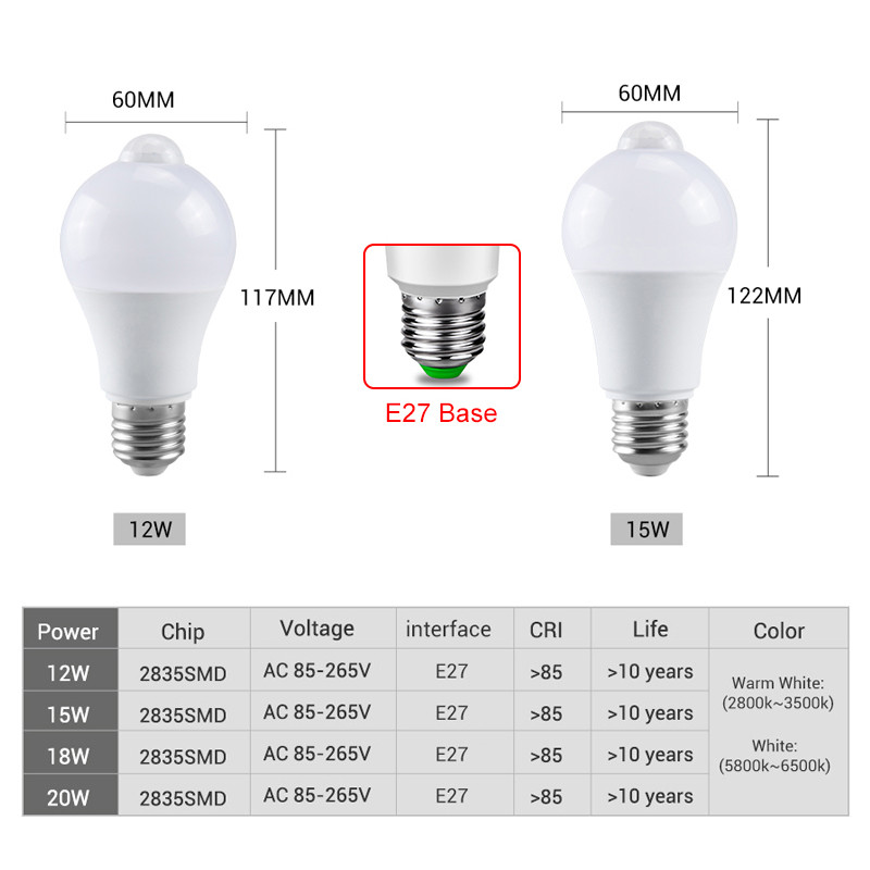 E27 PIR judesio jutiklio lemputė 12W 15W 18W 20W LED lemputė su judesio jutikliu infraraudonųjų spindulių judesio jutiklio apsauginė lemputė 85-265V