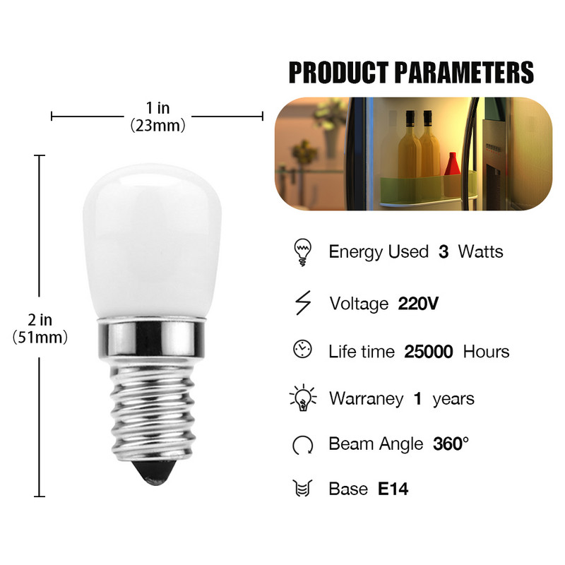 2 buc LED Bec frigider E14 3W Bec porumb pentru frigider AC 220V Lampă LED Alb/alb cald SMD2835 Înlocuiește luminile cu halogen