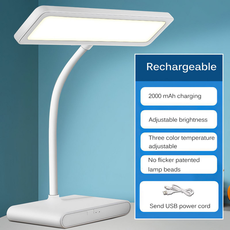 Acu aizsardzības LED galda gaismas lasīšanas lampa, USB uzlādējama 3 līmeņu spilgtums, regulējams brīvi pārslēdzams galda lampa bērniem