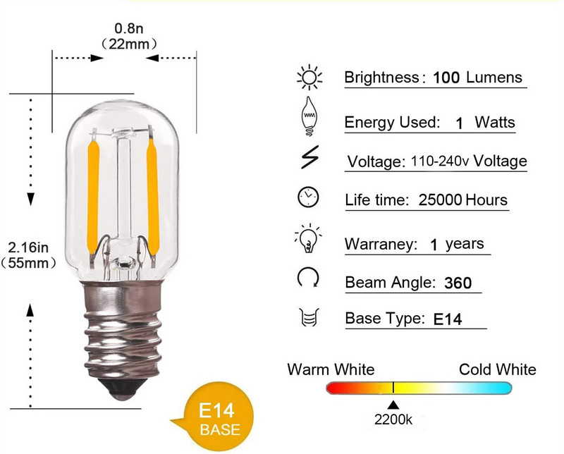 6 DB 220-240V T20/T22 1W Edison LED izzók E14 Csőszálas izzós izzó Üveg Melegfehér Hűtősütők Függő Só Lámpa Izzó