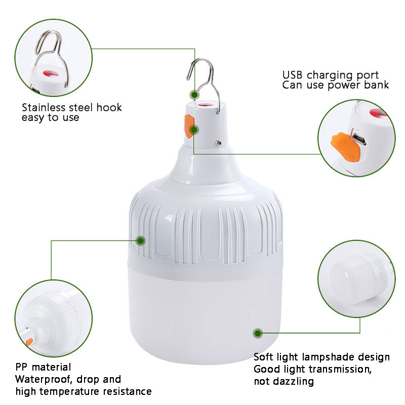 Välis-USB-taaslaetavad mobiilsed LED-lambipirnid hädavalgustid kaasaskantavad konksuga matkavalgustid kodukaunistusega öövalgusti kuum müük
