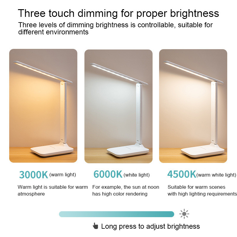 Lampă LED de birou USB, 3 culori, reglabilă, la atingere, pliabilă, lampă de masă pentru lectură, protecția ochilor, lumină de noapte, reîncărcabilă