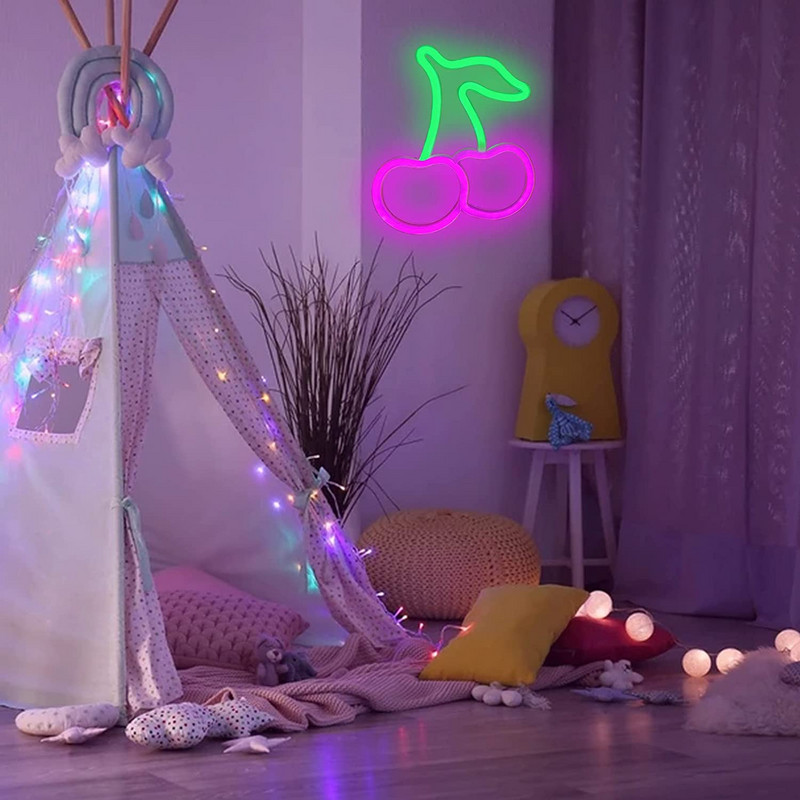 Ķiršu LED neona gaismas izkārtnes Neona istabas dekors Estētisks LED gaismas augļu nakts apgaismojums guļamistabas bāram Viesnīcas siena dzimšanas dienas Ziemassvētki