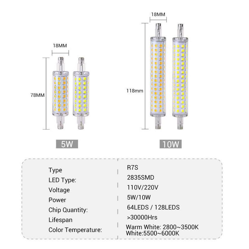 78mm 118mm R7S Led Lamp J78 J118 AC 220V 110V 2835SMD 64 128 LED Prožektors Nomainiet halogēna prožektoru R7S Lamparas Nemirgo