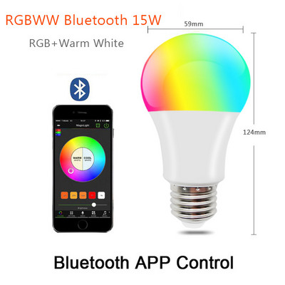 E27 RGBW RGBWW Bluetooth LED spuldzes gaismas 15W 110V 220V Lampada Maināma krāsaina RGB LED lampa ar Bluetooth APP vadību