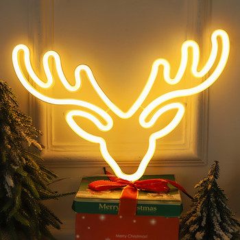 Коледна украса LED неонова табела Светлина с глава на елен LED лампа Коледна шапка Елк Дърво Снежинка Декор Стена на стая Витрина Закачете