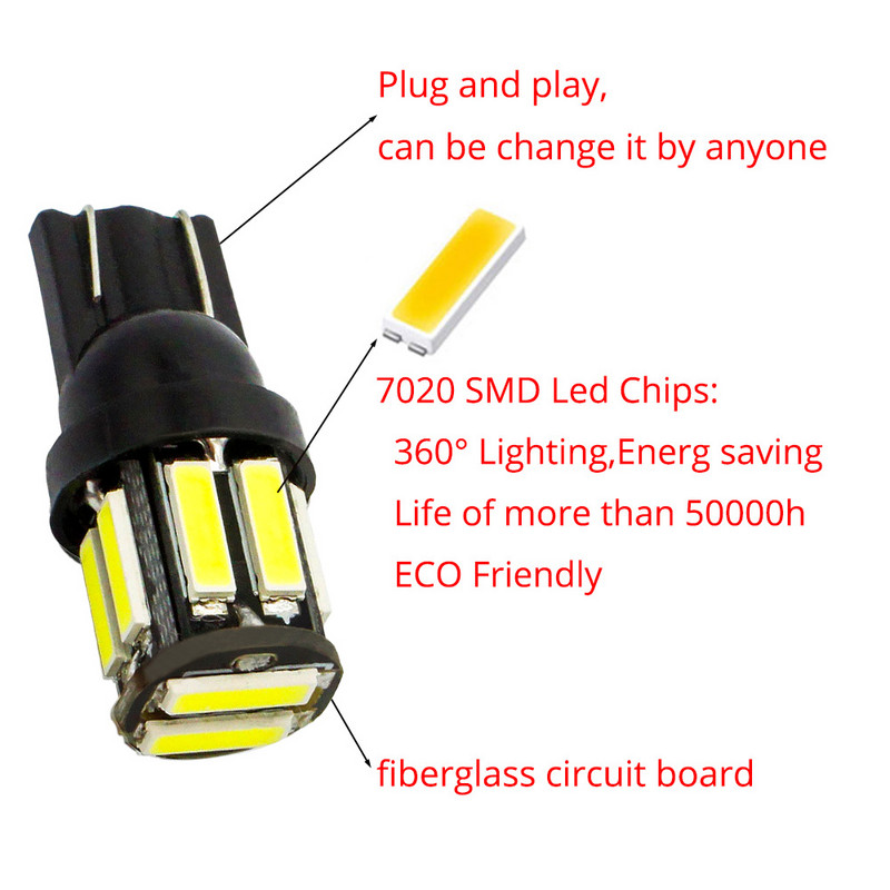 10 buc. 10Led 7020 SMD Auto LED 168 194 Lampă pentru panoul de instrumente inversă de înlocuire cu pană Becuri alb-albastre pentru bec de degajare