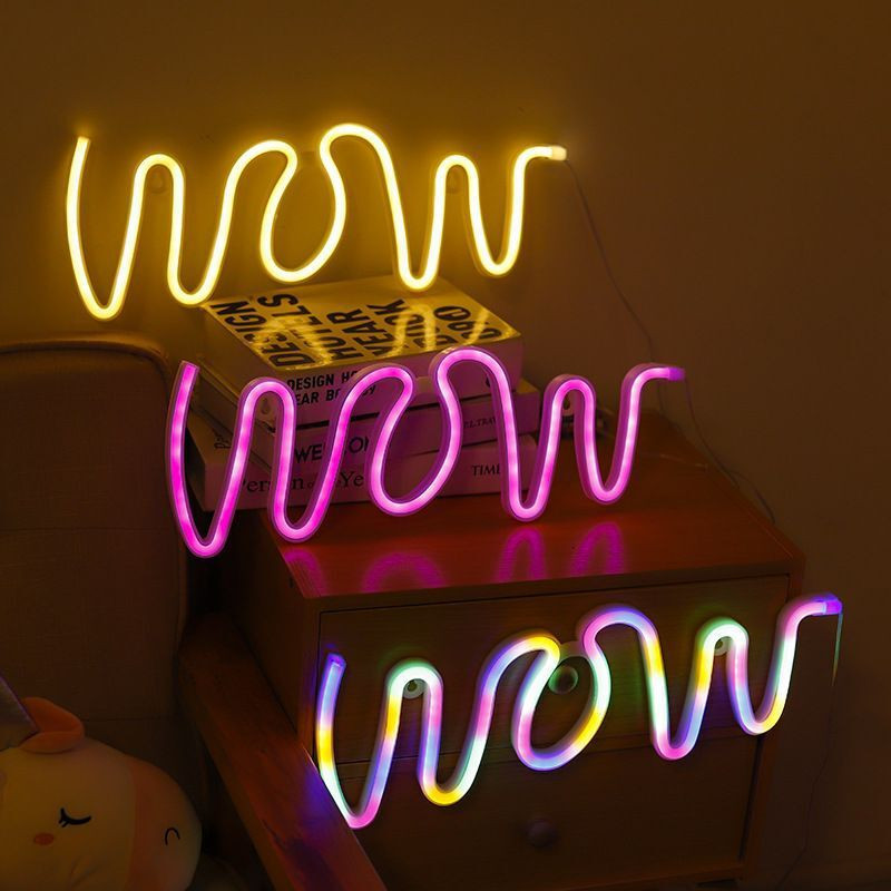 3D "WOW" LED Neon Lampă DIY Interior Bar Home Wall Mount Decoruri de iluminat USB Funcționat cu baterii Lampă de noapte moale 13*40cm