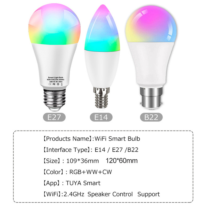 Smart WiFi Bulb Alice Lamp Alexa Voice Control E27 18W 12W 15W 10W B22 E14 9W 7W 5W Smart Life Tuya APP Λειτουργεί με το Google Home