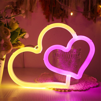 Διπλό Love LED Φως νέον USB Μπαταρία Καρδιά Διακόσμηση κρεβατοκάμαρας Κρεμαστό φωτιστικό Ημέρα του Αγίου Βαλεντίνου Πίνακας φόντου τοίχου γάμου