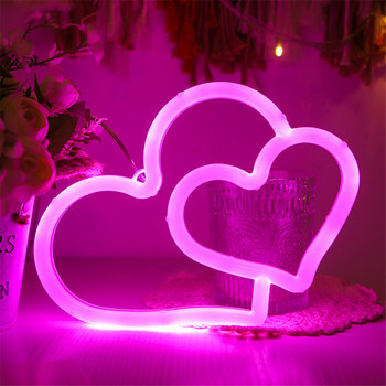 Двойна Любов LED Неонова Светлина USB Захранван Сърце Спалня Декор Висяща Лампа Свети Валентин Сватба Стена Фонова Табла