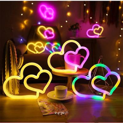 Двойна Любов LED Неонова Светлина USB Захранван Сърце Спалня Декор Висяща Лампа Свети Валентин Сватба Стена Фонова Табла