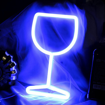 Πινακίδα νέον - LED μπλε ποτήρι κρασιού Φώτα νέον Διακόσμηση τοίχου, Φωτισμός νέον με τροφοδοσία μπαταρίας USB.
