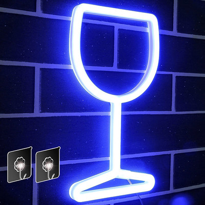 Fényreklám - LED kék borospohár neon lámpák fali dekoráció, elemes USB tápellátású világító neonfény.