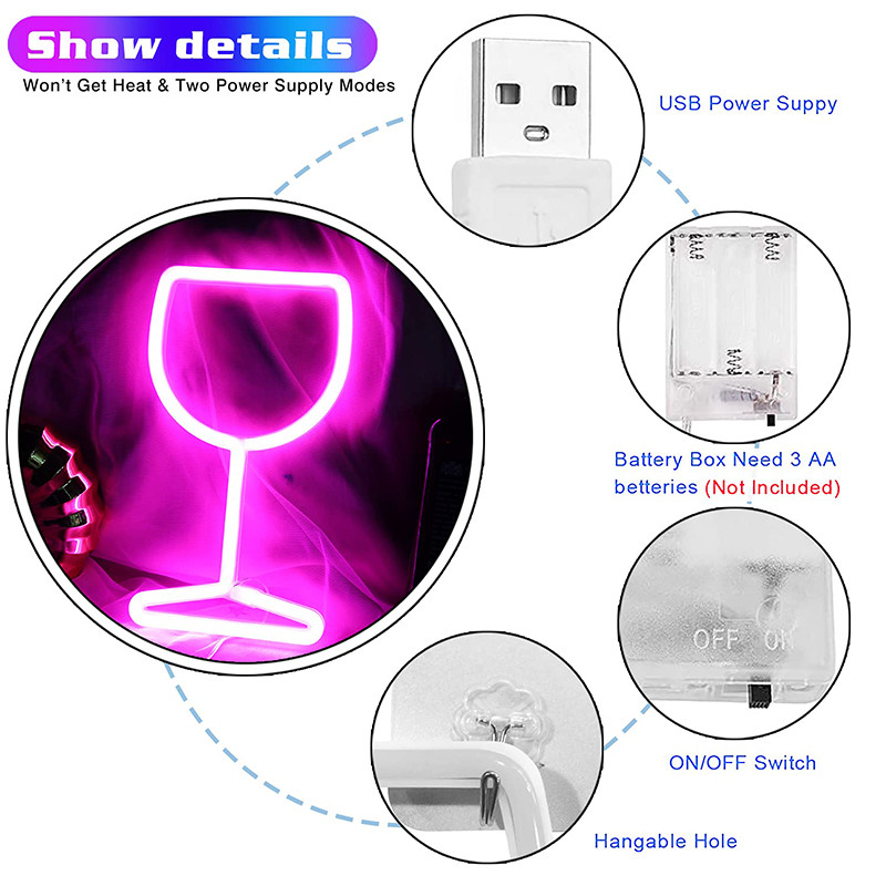 Neoonmärk – LED-sinine veiniklaas neoonvalgustitega seinakaunistus, aku USB-toitel süttib neoonvalgus.