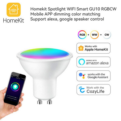 HomeKit Smart LED Lights Izzó GU10 RGB+CW WiFi Spotlámpa szabályozható színes lámpa Cozylife APP Hangvezérlés Siri Alexa Google-hoz