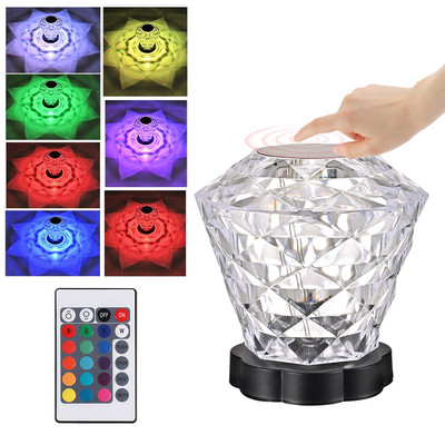 Lampă de cristal cu umbră de trandafir 16 culori Lampă de masă cu LED reîncărcabilă pentru noptieră, reglabilă la atingere pentru decorarea dormitorului