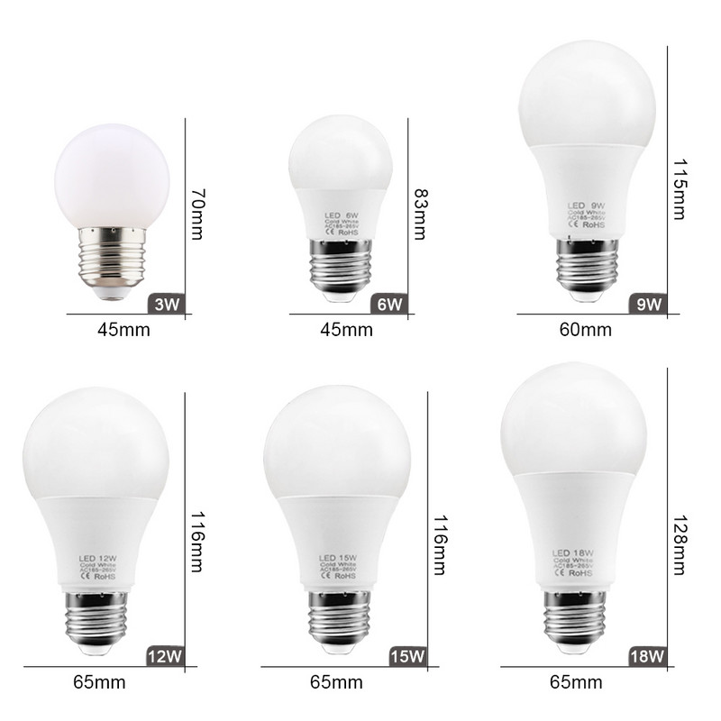 3vnt LED lemputė E27 LED lempa 3W 6W 9W 12W 15W 18W kintamosios srovės 220V lemputė Šalta šilta balta Lampada LED prožektorius Bombilla namų dekoras