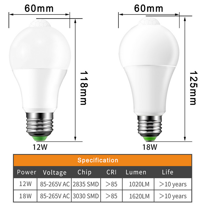 LED E27 B22 pirn valguslamp Liikumisjuhtimise PIR andur lampada led 12w 18w nutikas infrapuna kehatuvastus gloobus pirn öövalgus