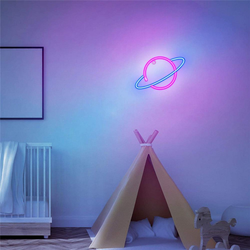 Lumină creativă cu neon, rachetă, în formă de planetă, lumină cu neon, cu LED-uri colorate, lumină de noapte, lampă suspendată pentru birou, decor pentru cameră, iluminat de interior