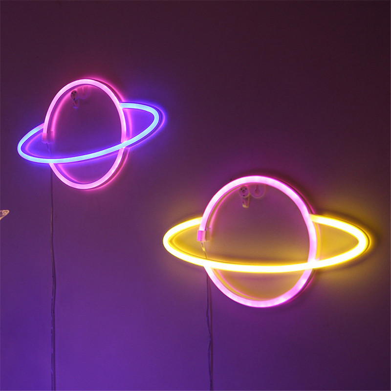 Lumină creativă cu neon, rachetă, în formă de planetă, lumină cu neon, cu LED-uri colorate, lumină de noapte, lampă suspendată pentru birou, decor pentru cameră, iluminat de interior