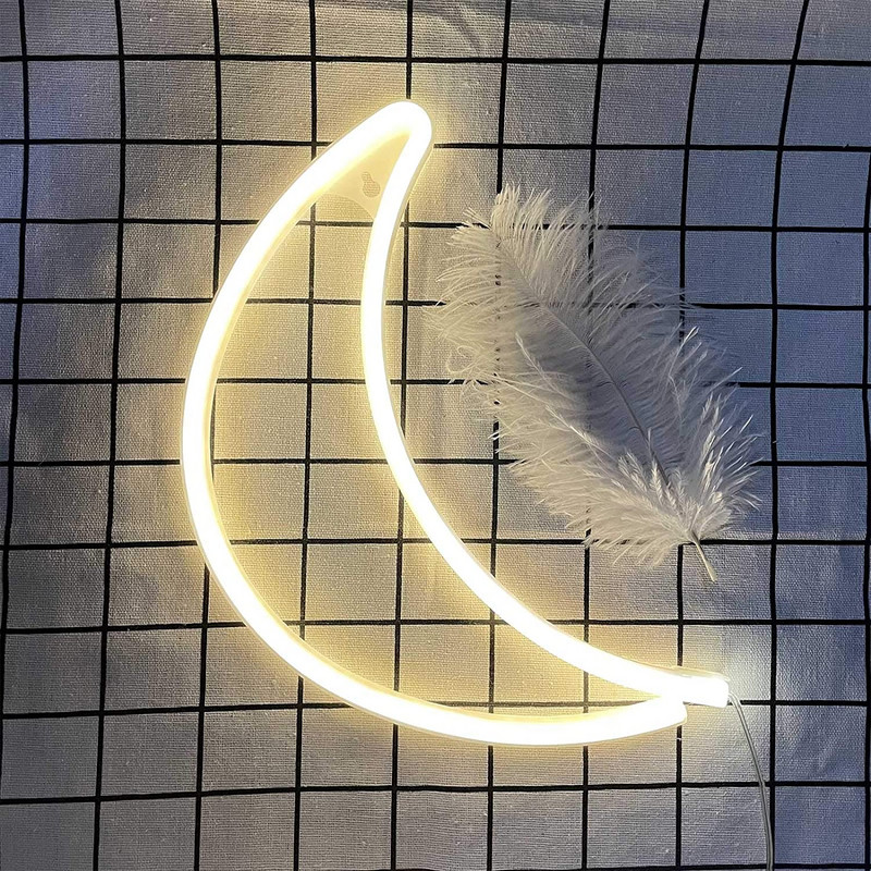 Semn cu lumină neon cu LED, lună, design creativ, lumină albă caldă de noapte, dormitor pentru copii, decorațiuni de perete de nuntă, lampă de iluminat de Crăciun
