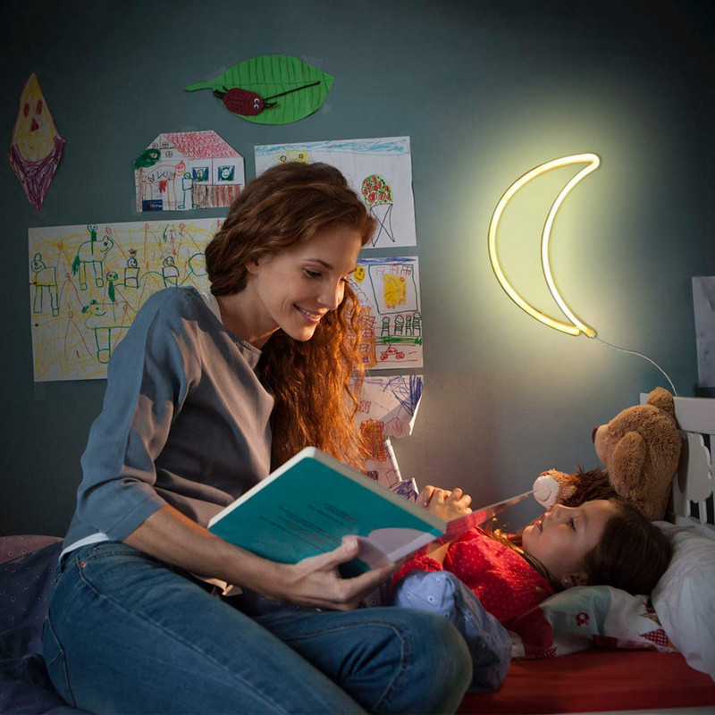 Semn cu lumină neon cu LED, lună, design creativ, lumină albă caldă de noapte, dormitor pentru copii, decorațiuni de perete de nuntă, lampă de iluminat de Crăciun