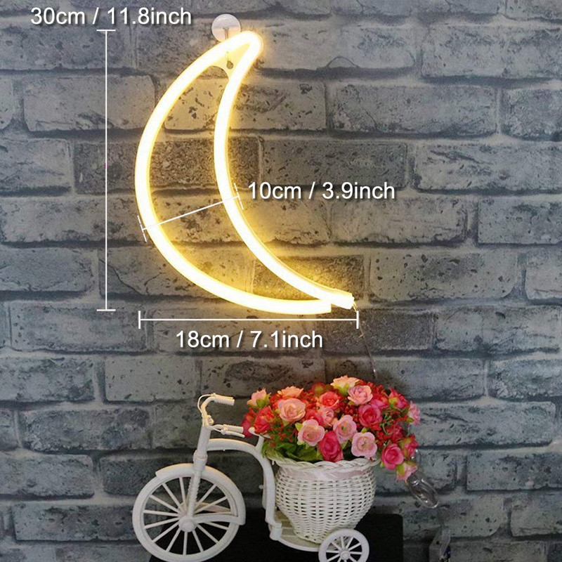 Semn cu lumină neon cu LED, lună, design creativ, lumină albă caldă de noapte, dormitor pentru copii, decorațiuni de perete de nuntă, lampă de iluminat de Crăciun