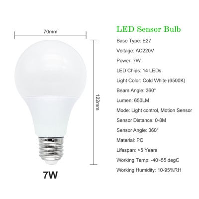 Ampull 5W 7W 9W 12W PIR liikumisanduri LED-pirn E27 220V radarianduri valguslamp 6500K lambid kodutrepi koridori jaoks
