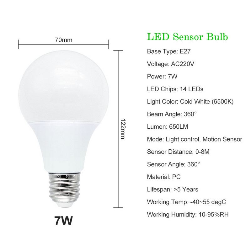 Ampull 5W 7W 9W 12W PIR liikumisanduri LED-pirn E27 220V radarianduri valguslamp 6500K lambid kodutrepi koridori jaoks