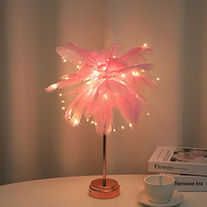 Balta / rožinė plunksnų stalinė lempa LED naktinis apšvietimas stalinis lempa medžio plunksnų gaubtas Dekoratyvinė lempa svetainei miegamajame bendrabutyje