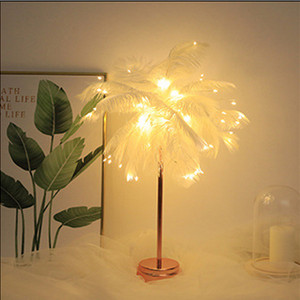 Balta / rožinė plunksnų stalinė lempa LED naktinis apšvietimas stalinis lempa medžio plunksnų gaubtas Dekoratyvinė lempa svetainei miegamajame bendrabutyje