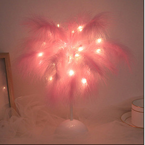 Balta / rožinė plunksnų stalinė lempa LED naktinis apšvietimas stalinis lempa medžio plunksnų gaubtas Dekoratyvinė lempa svetainei miegamajame bendrabutyje